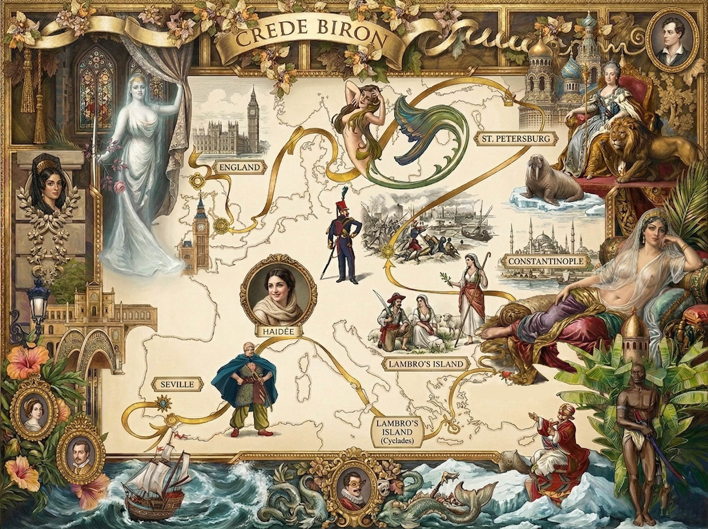 Map with portraits of Haidée and Gulbeyaz — title-page illustration